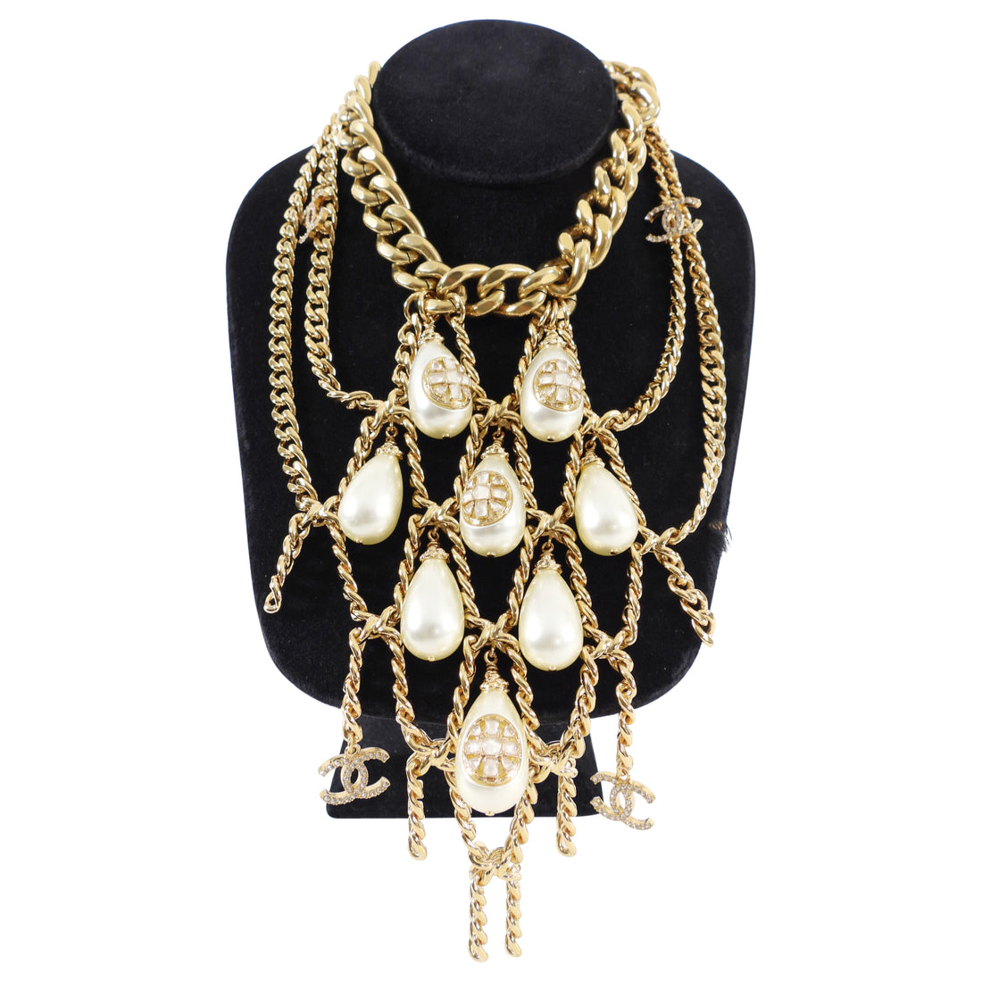 Chanel 20K Gold Chain and Teardrop Pearl Gripoix Bib Necklace