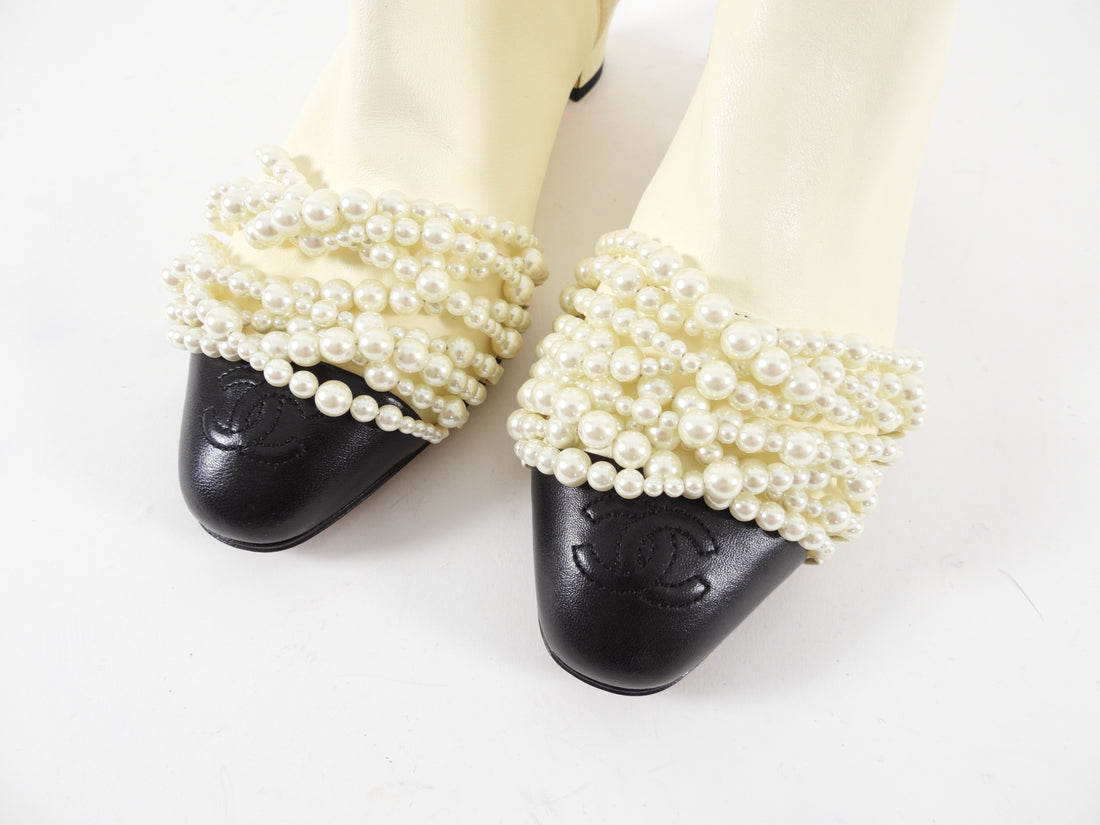 Chanel Two-Tone Ivory / Black Pearl Cap Toe Ankle Boot - 37