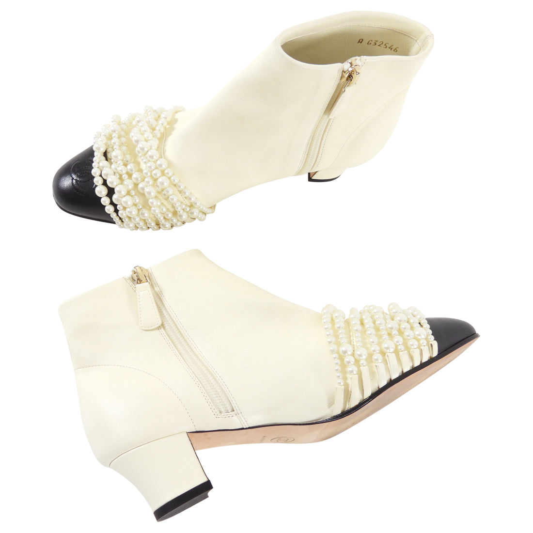 Chanel Two-Tone Ivory / Black Pearl Cap Toe Ankle Boot - 37