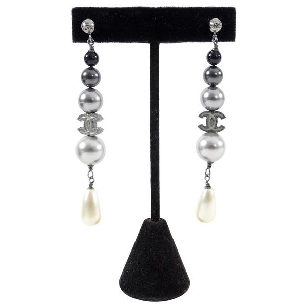 Chanel 15B Grey and Black Pearl Long Drop Earrings