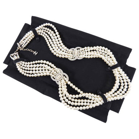 Chanel 2010 Black and Ivory Resin Pearl Multi Strand CC Logo Necklace
