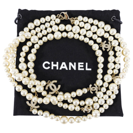 Chanel 12P Pearl Double Strand Necklace with Crystal CC Stations