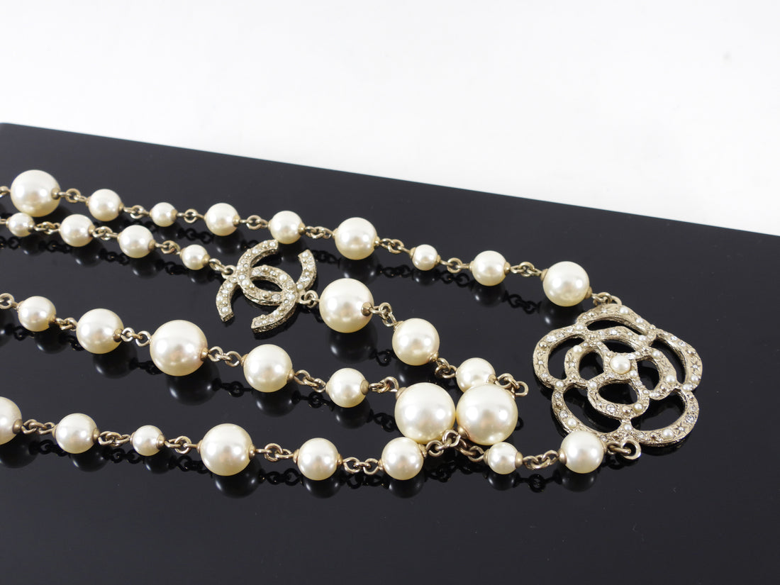 Chanel 14V Pearl and Camelia CC Long Single Strand Necklace