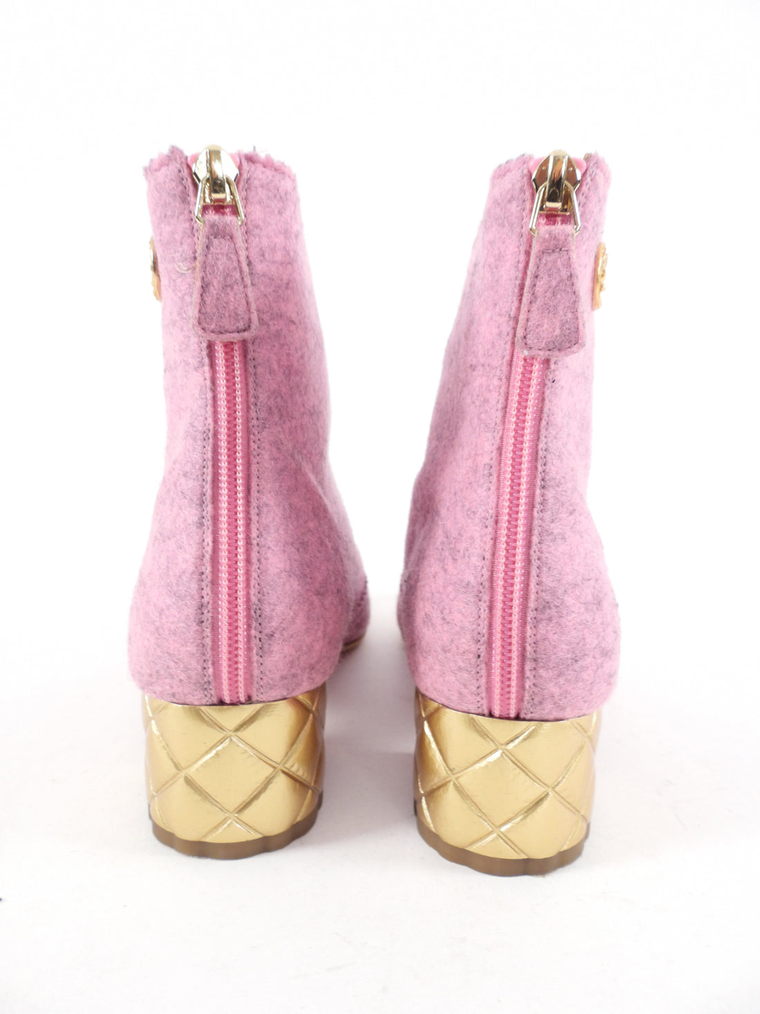 Chanel Paris Salzburg Pink Felt Gold Heel Ankle Boots - USA 9