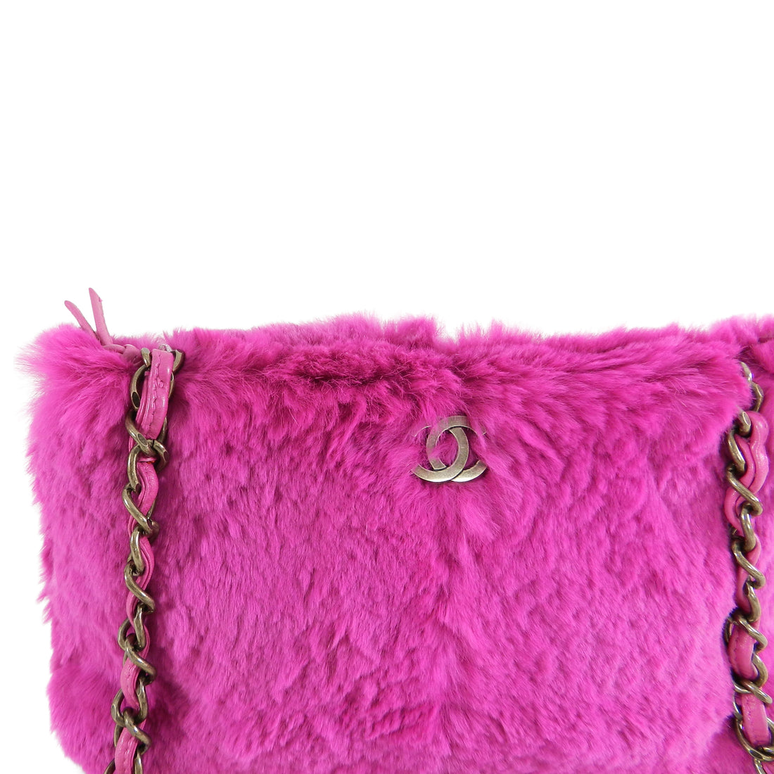 Chanel Hot Pink Rabbit Fur CC Logo Bag with Chain Strap