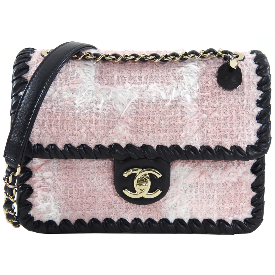 Chanel 22C Pink Tweed and Black Leather Small Flap Bag