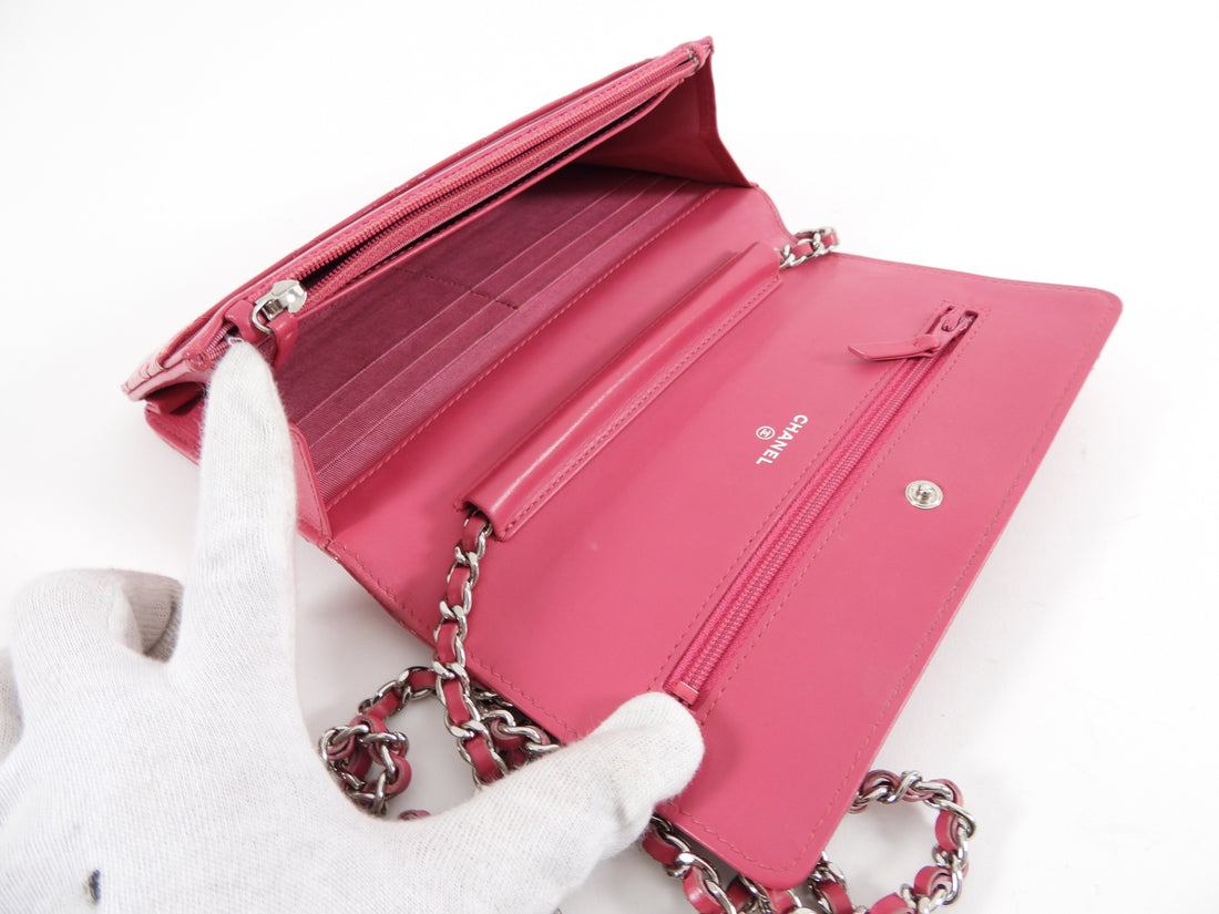 Chanel Pink Patent Classic Quilted Wallet on Chain SHW