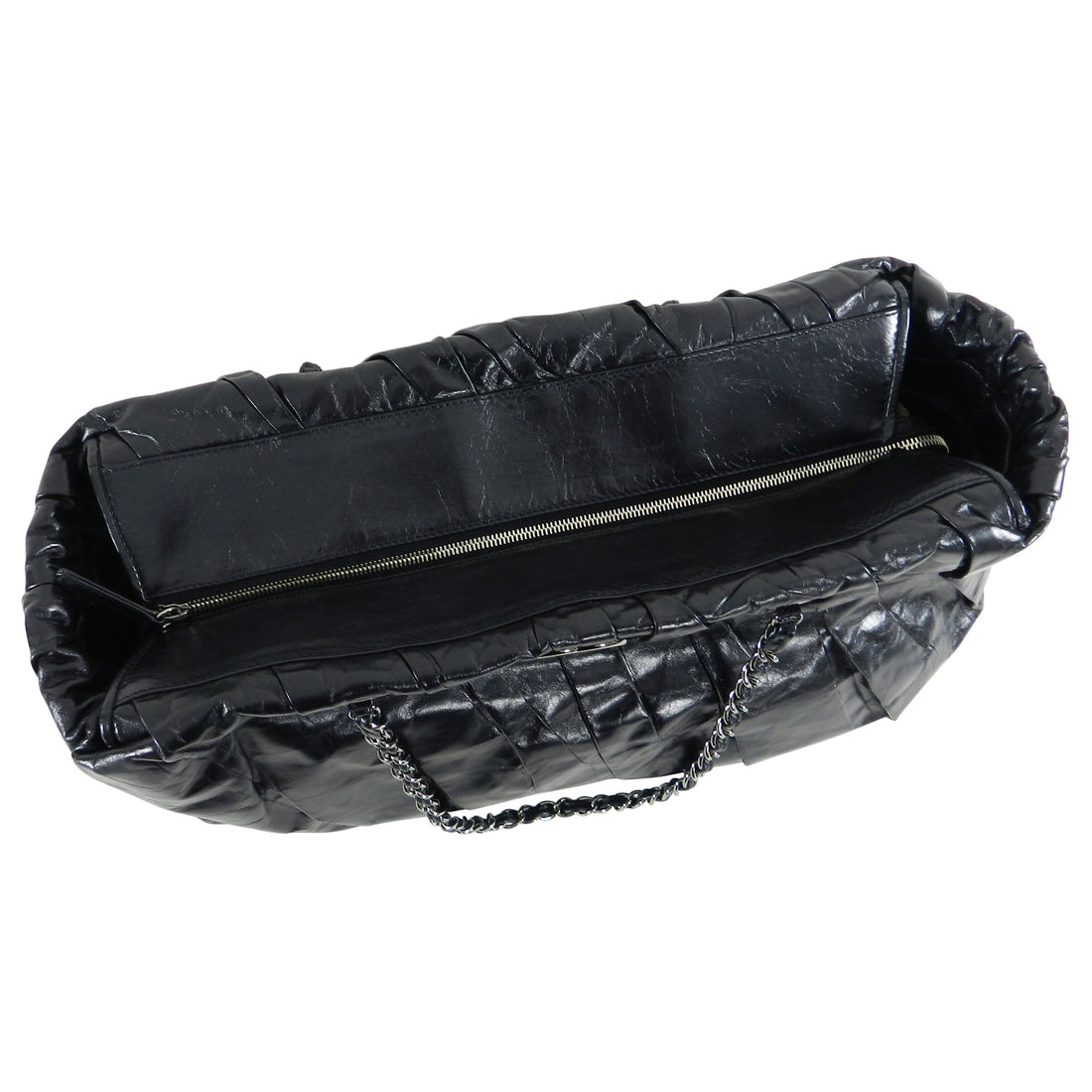 Chanel Large Black Glazed Calfskin Pleated Tote Bag