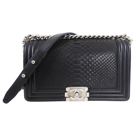 Chanel Black Leather and Exotic Python Medium Boy Bag