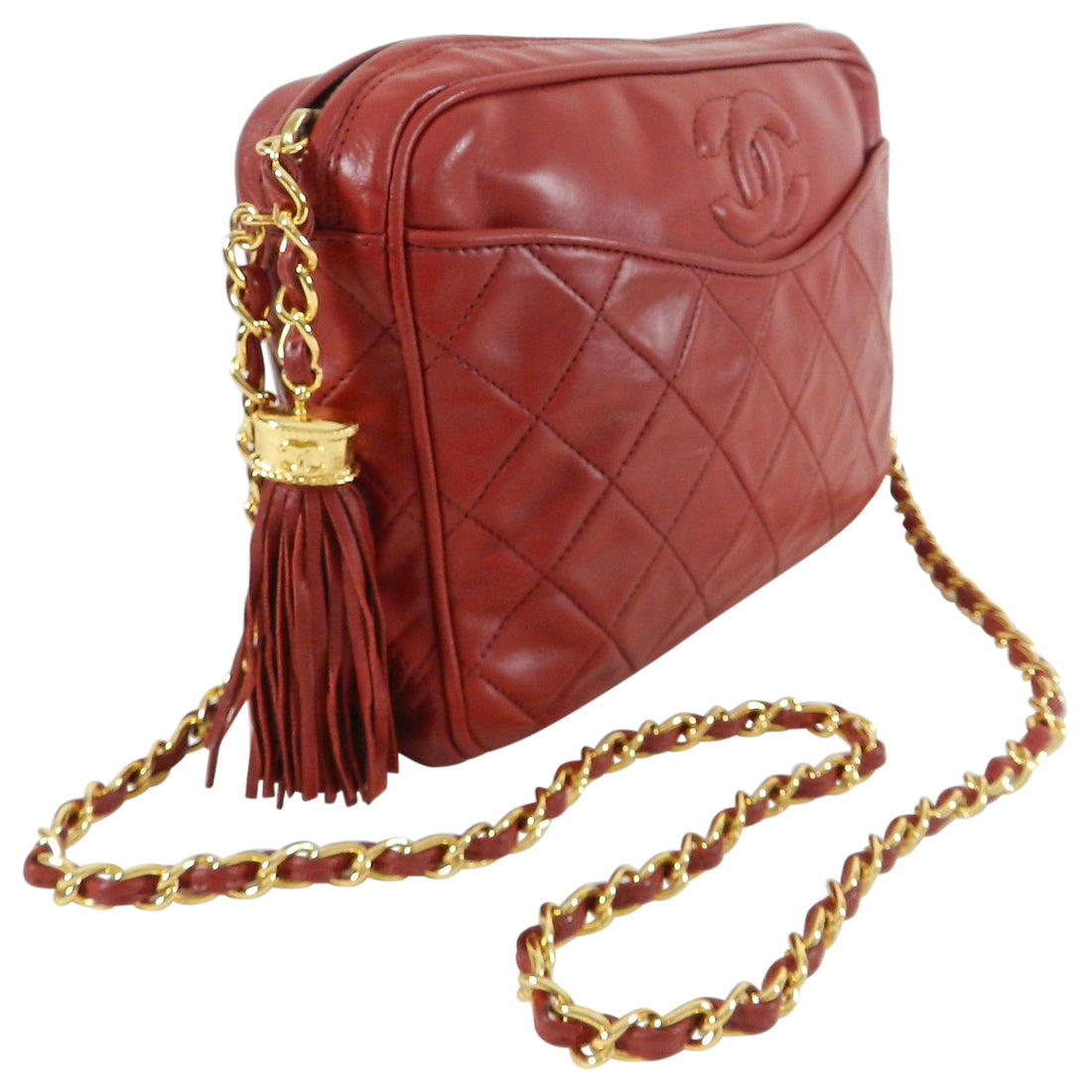 Chanel Vintage 1980's Red Quilted Lambskin CC Crossbody Bag
