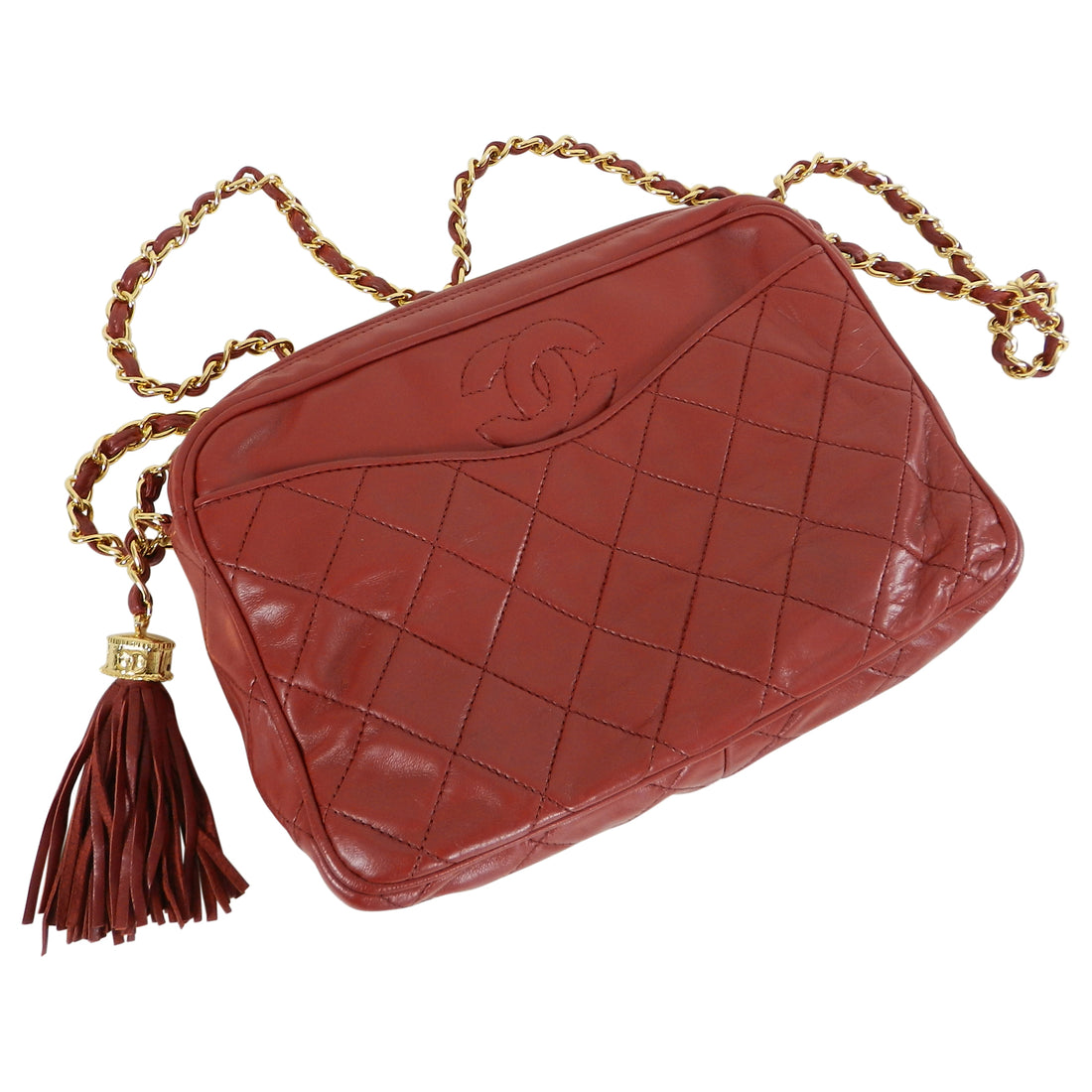 Chanel Vintage 1980's Red Quilted Lambskin CC Crossbody Bag