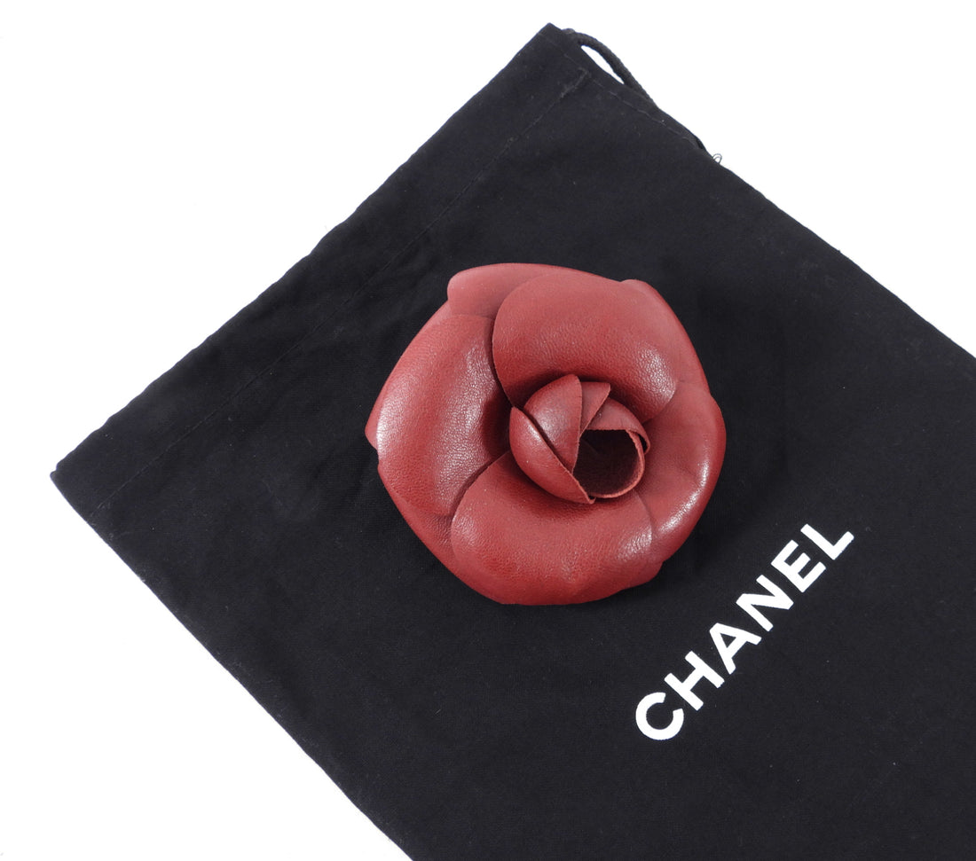 Chanel Vintage 1990’s Burgundy Leather Camelia Flower Pin