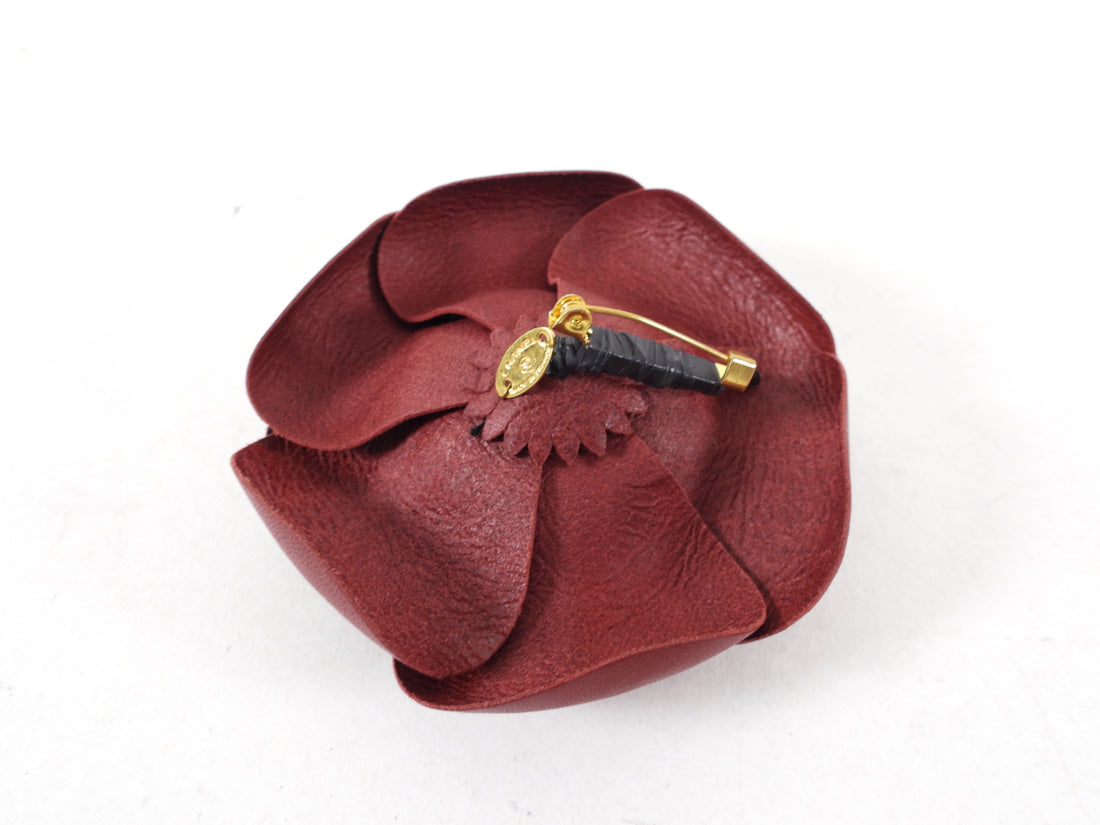 Chanel Vintage 1990’s Burgundy Leather Camelia Flower Pin