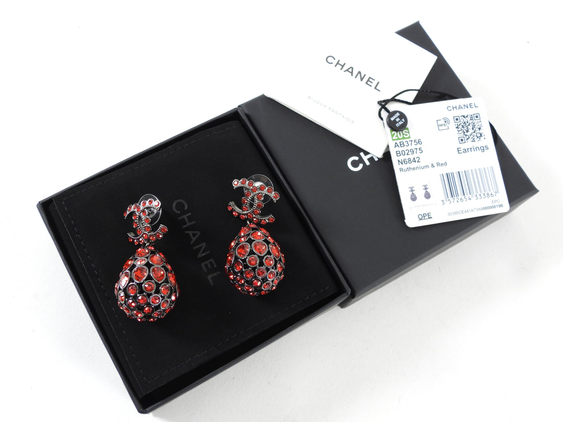Chanel 20S Red Strass Tear Drop CC Earrings