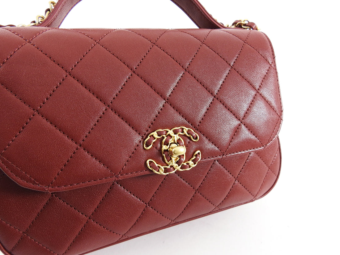 Chanel 19B Burgundy Red Quilted Top Handle Flap Bag 