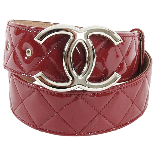 Chanel Dark Red Patent Leather Quilted CC Buckle Belt – I MISS