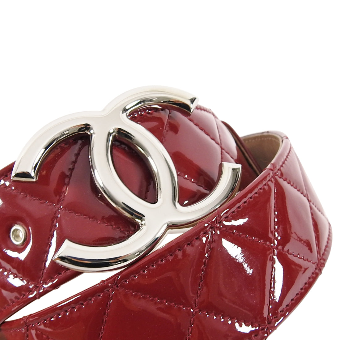 Chanel Dark Red Patent Leather Quilted CC Buckle Belt