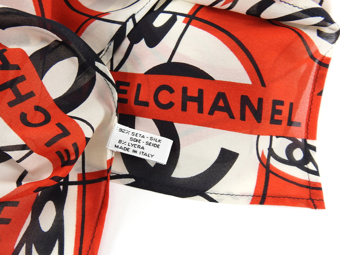 Chanel Red and Black Graphic CC Logo Silk Chiffon Scarf