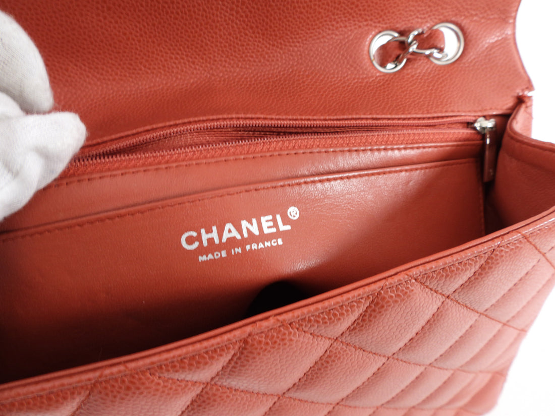 Chanel Coral / Rouge Jumbo Caviar Classic Single Flap Bag SHW