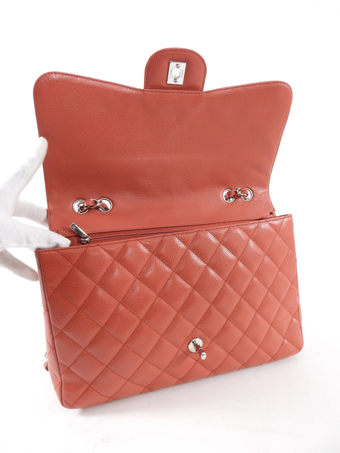Chanel Coral / Rouge Jumbo Caviar Classic Single Flap Bag SHW