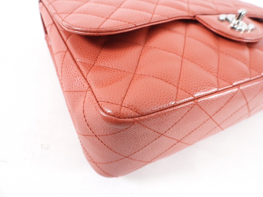 Chanel Coral / Rouge Jumbo Caviar Classic Single Flap Bag SHW