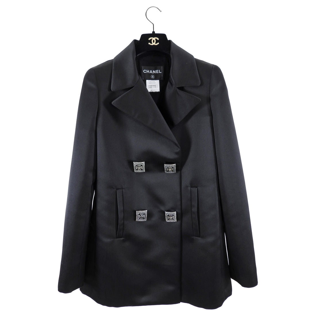 Chanel 11A Black Satin Jacket with Square Buttons - FR38 / USA S