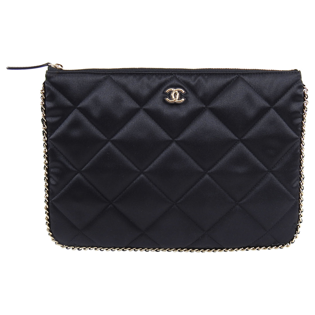 Chanel Black Satin Quilt Chain Trim Clutch Bag / O Case
