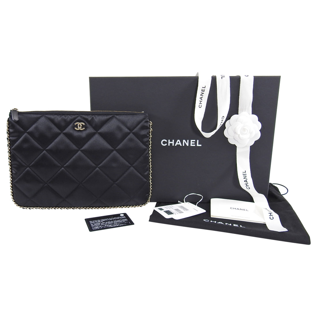 Chanel Black Satin Quilt Chain Trim Clutch Bag / O Case