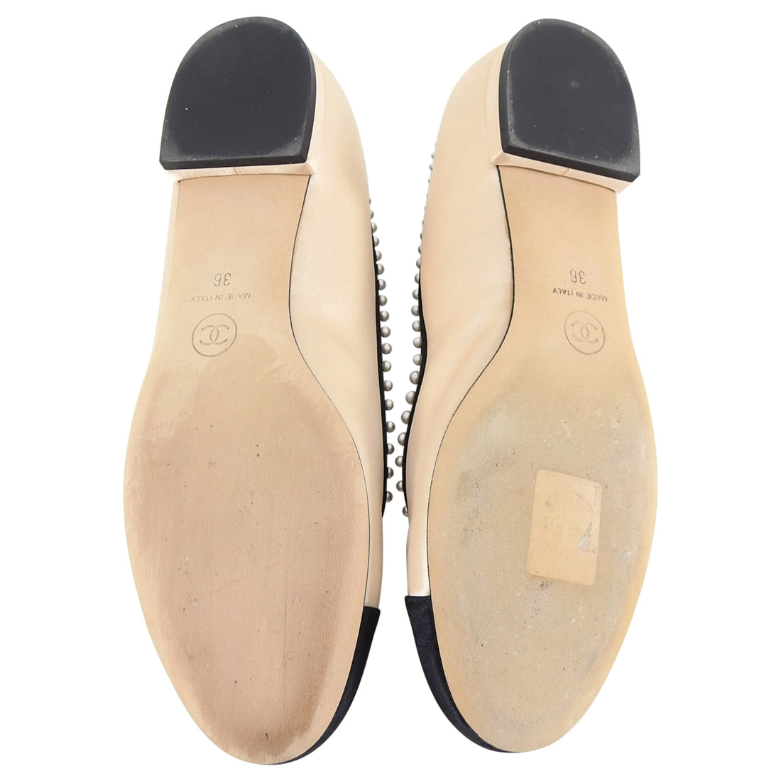 Chanel Beige and Black Satin Ballet Flats with Pearls and CC - 36