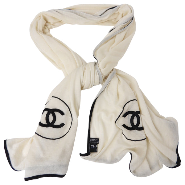 Chanel Large CC Cashmere and Silk Ivory Shawl Scarf