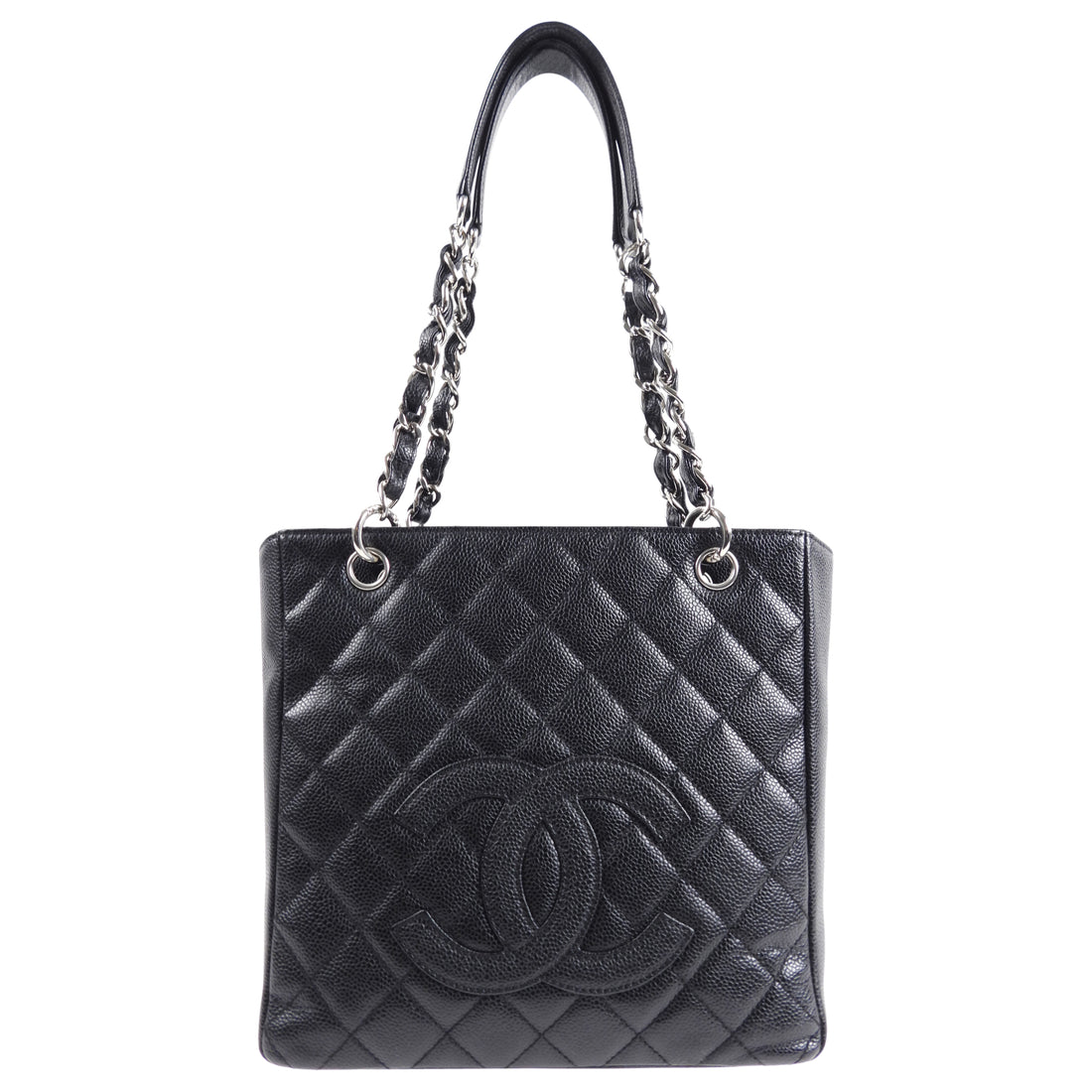 Chanel PST Black Caviar Leather Petite Shopping Tote Silver
