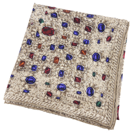 Chanel Vintage 1980's Taupe Silk Gripoix Jewels Scarf