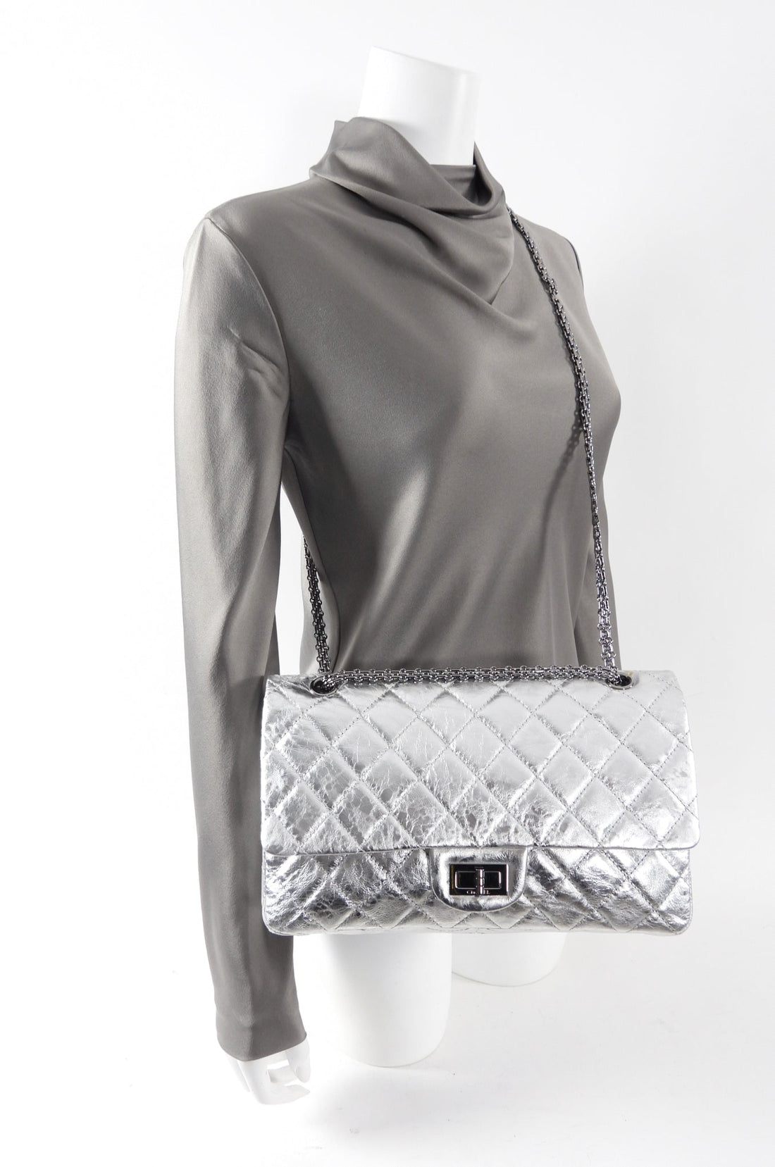 Chanel 2.55 Reissue 227 Maxi Flap Shoulder Bag Metallic Grey Aged Calfskin