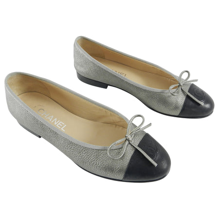 Chanel CC Pewter Silver and Black Flat Ballet Shoes - 37
