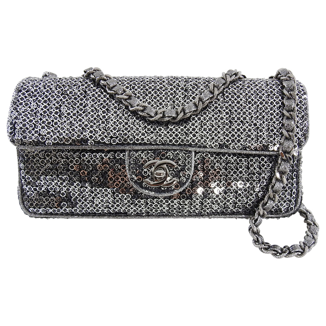 Chanel Silver Sequin Small East West Classic Flap Bag