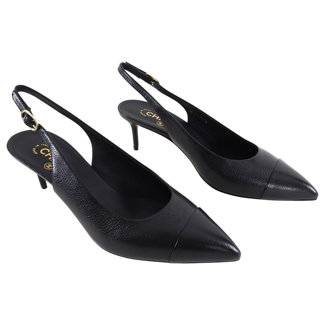 Chanel Black Leather Classic Cap Toe Slingback Heels - 10