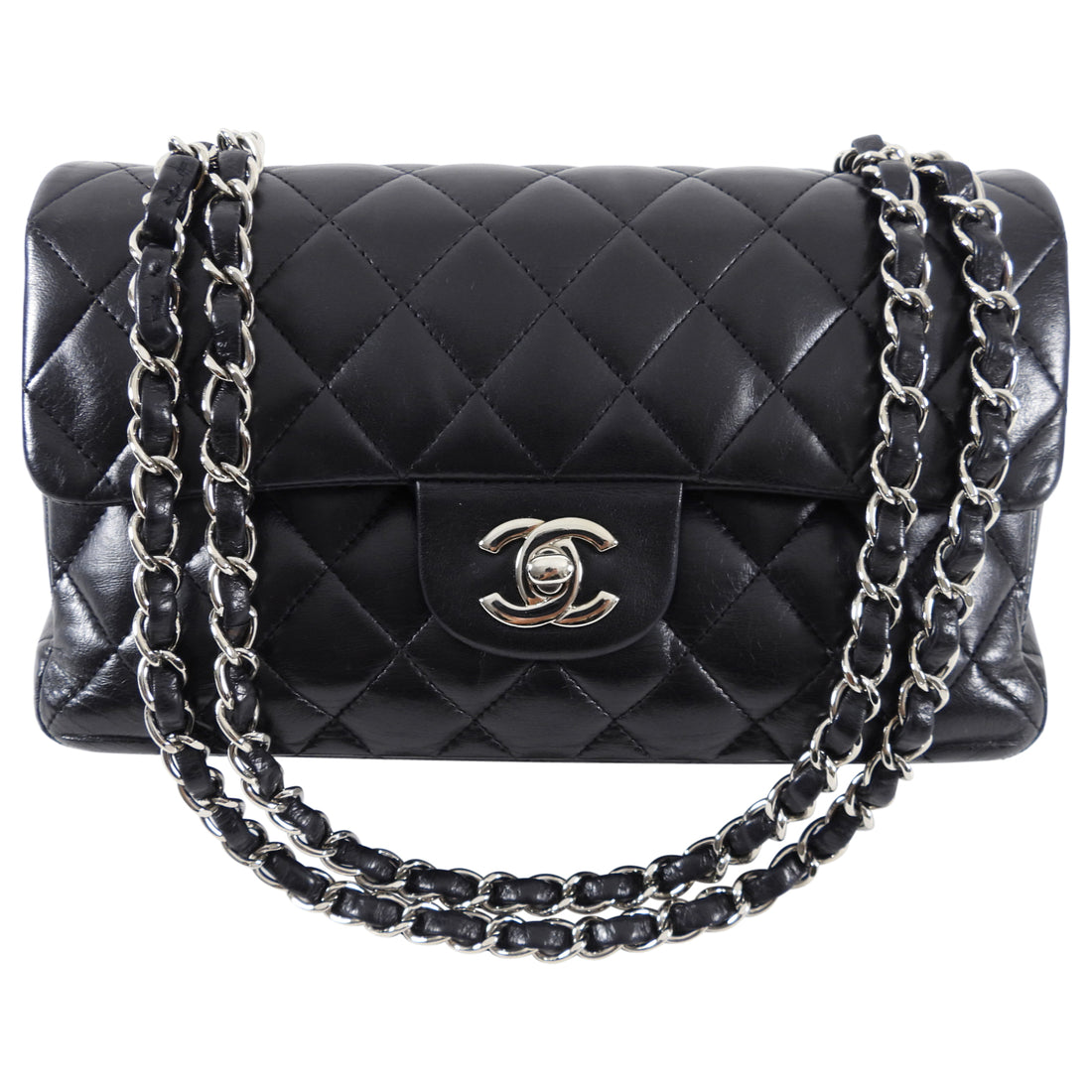 Chanel Classic Vintage Lambskin Small Black Double Flap Silver Hardware Bag  - Luxury Reborn
