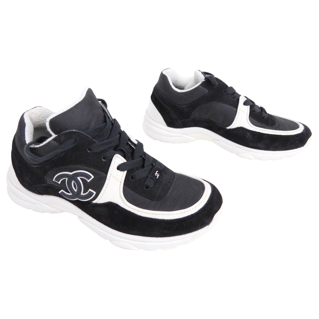 Chanel Black and White Suede CC Logo Lace Up Sneakers - 36.5