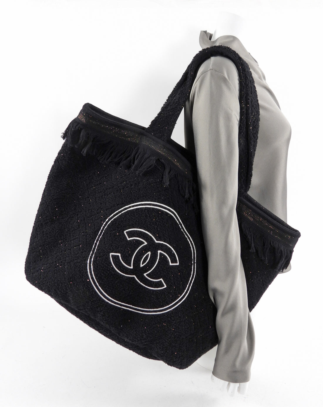 Chanel XL Black Terry Cloth CC Beach Tote and Pouch