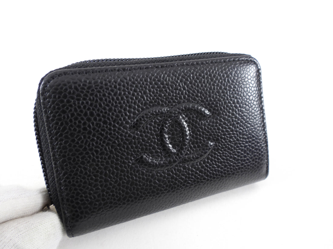 Chanel Black Timeless Caviar Zip Card Holder / Coin Wallet