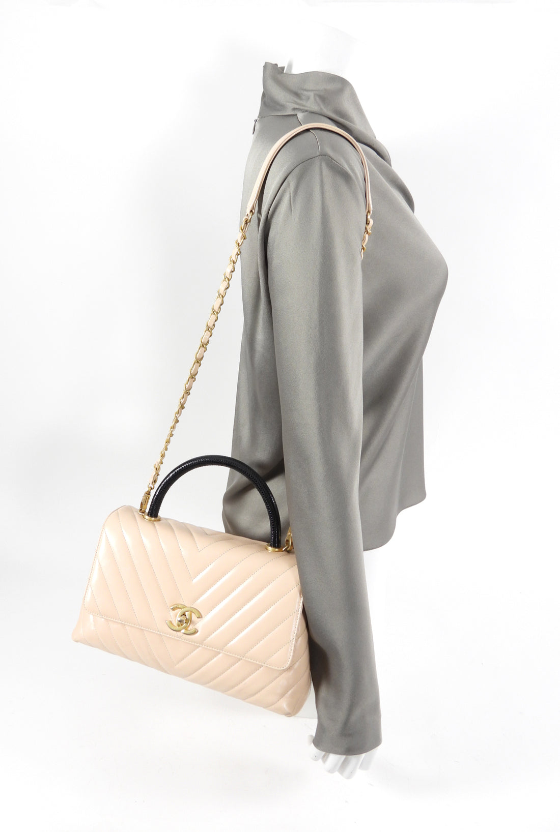 Chanel Light Nude Chevron and Lizard Coco Top Handle Bag
