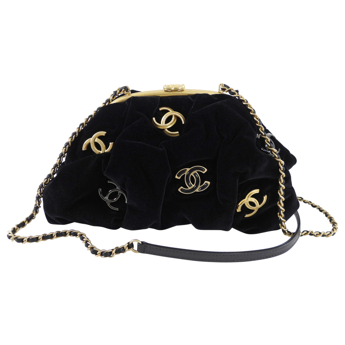 Chanel Black Velvet Quilted Leather Mini Pouch Bag with Chain ref.501879 -  Joli Closet