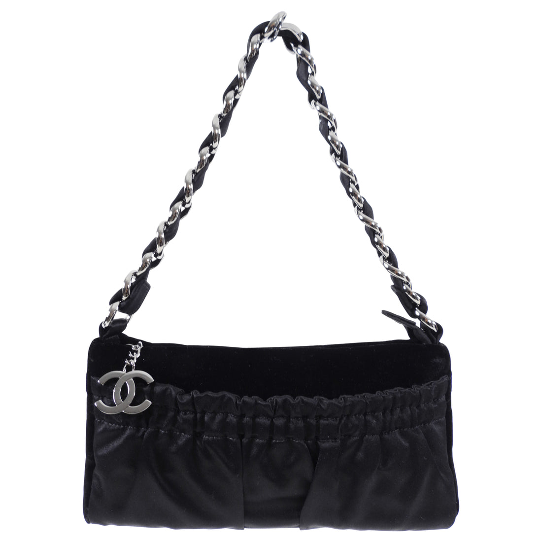 CHANEL CC LOGO BLACK QUILTED SATIN JEWELED CHAIN ROUND EVENING BAG