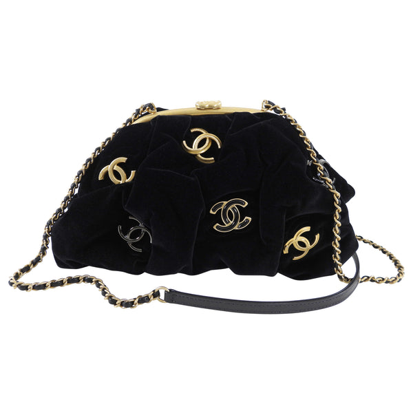 CHANEL Velvet Quilted Pearl Crush Round Clutch With Chain Black 739064