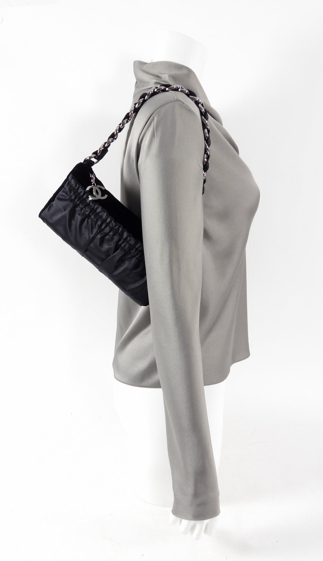 Chanel Vintage 2004 Black Velvet and Satin Pochette Chain Bag