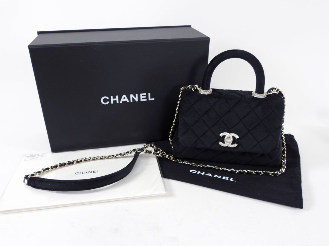 CHANEL Velvet Crystal Quilted Extra Mini Coco Handle Flap Black 625531