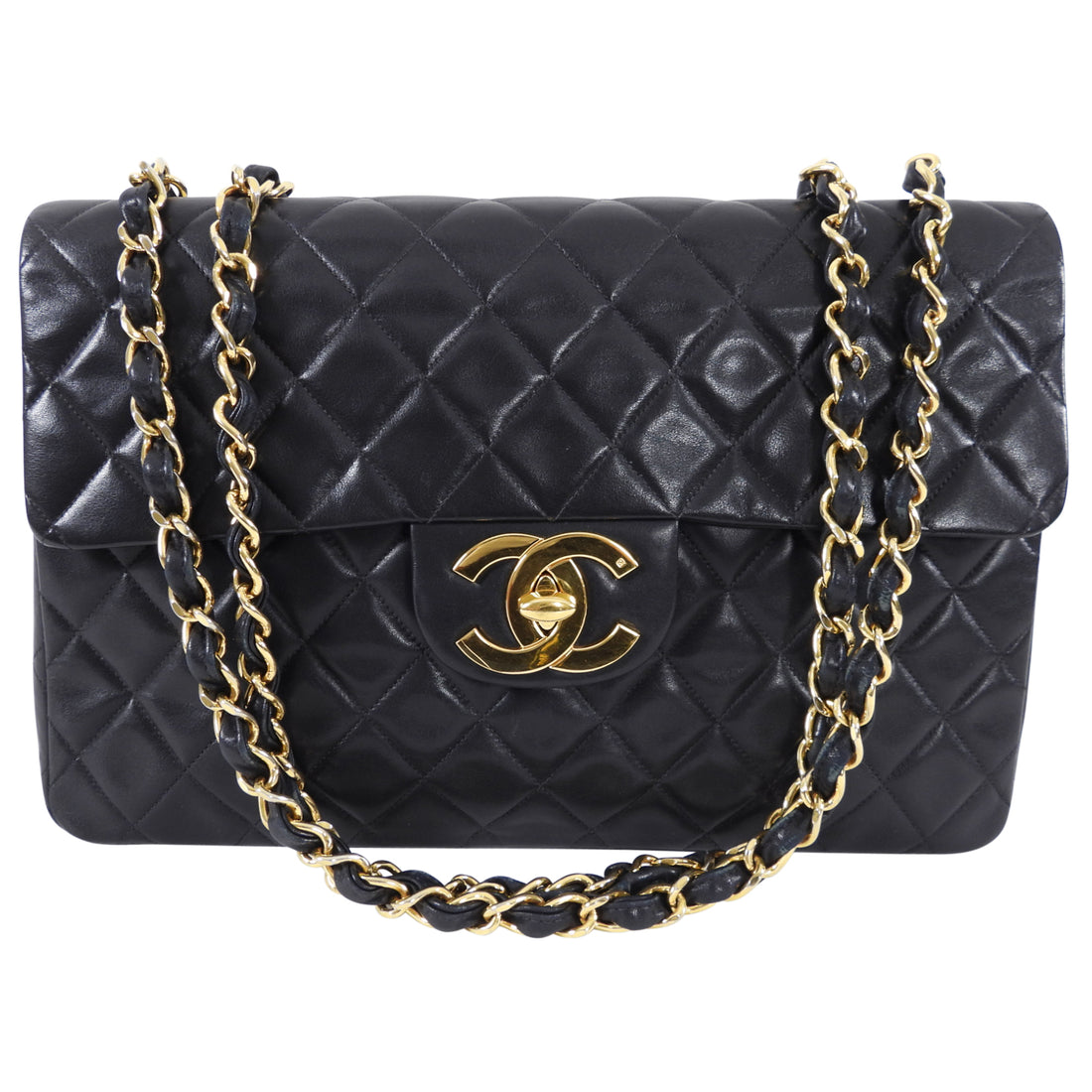 Chanel Vintage 1991 Black Lambskin Leather Classic Flap Maxi Bag