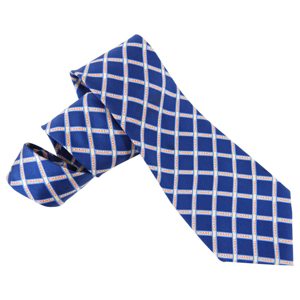 Chanel Vintage Blue and Red Grid Logo Silk Tie