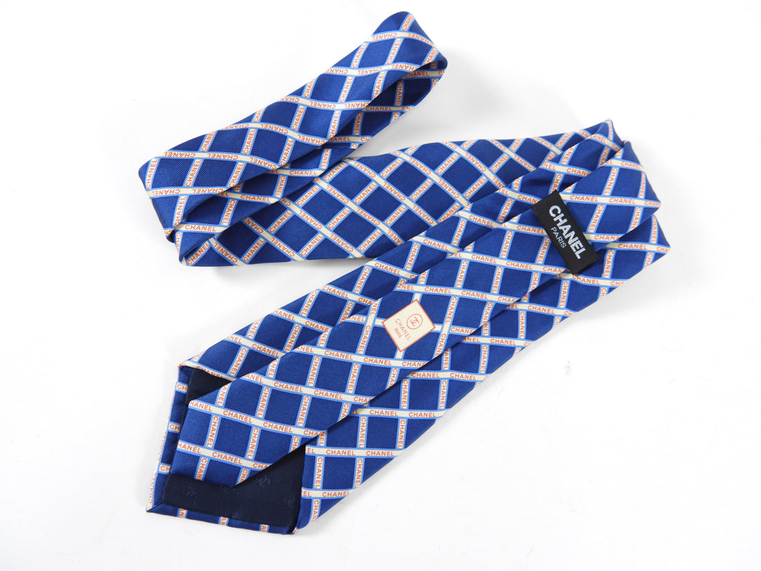 Chanel Vintage Blue and Red Grid Logo Silk Tie