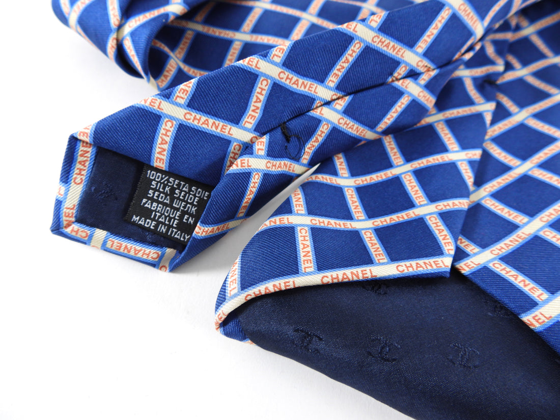 Chanel Vintage Blue and Red Grid Logo Silk Tie
